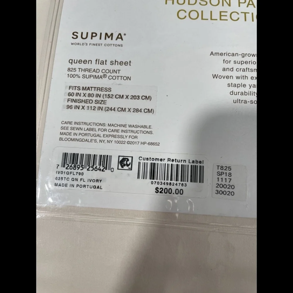 NIB [ Queen ] for Hudson Park 825TC Flat Sheet in Supima‎ Cotton